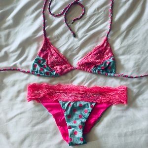 Beach Bunny Bikini Set Polkadot Lace Pink Blue S